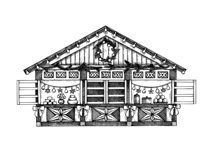 Christmas market stall kiosk sketch. Hand-drawn vector illustration. Traditional winter Christmas fair marketplace. Wooden booth candy shop with sweets, garlands decoration, Christmas wreaths.